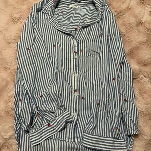 beachlunchlounge Blue and White Striped Shirt with Red and Pink Strawberries